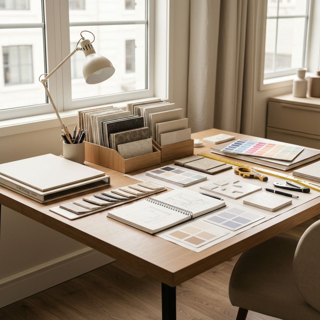 Designer's desk with material samples and color palettes